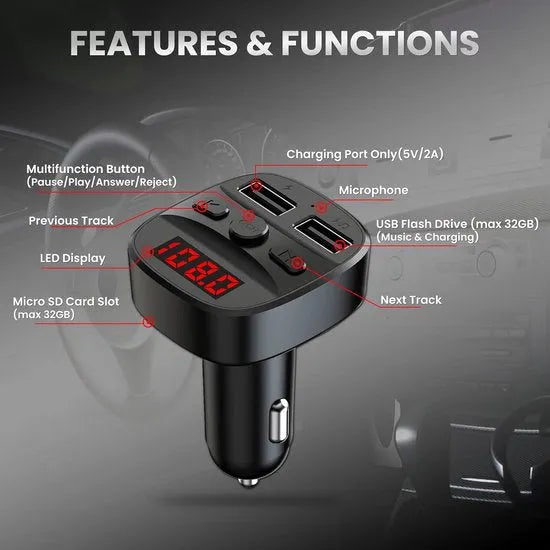 FM Transmitter Auto – Bluetooth Handsfree Bellen – Muziekstreaming USB/micro-SD – Dubbele USB Oplader – Zwart-Ilumina Benelux
