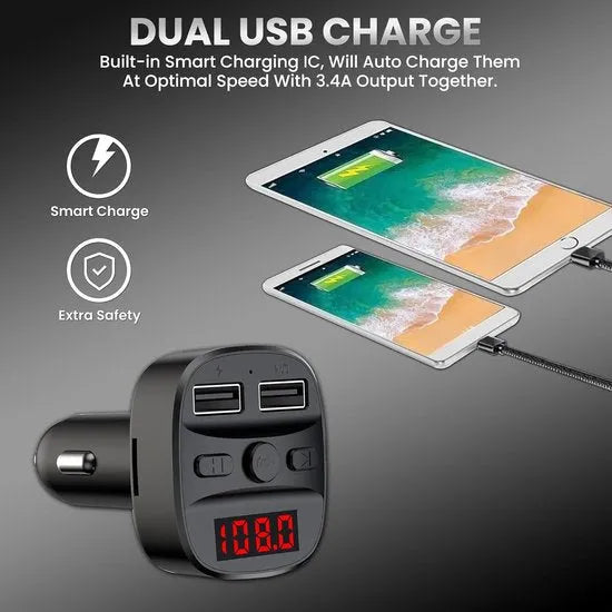 FM Transmitter Auto – Bluetooth Handsfree Bellen – Muziekstreaming USB/micro-SD – Dubbele USB Oplader – Zwart-Ilumina Benelux