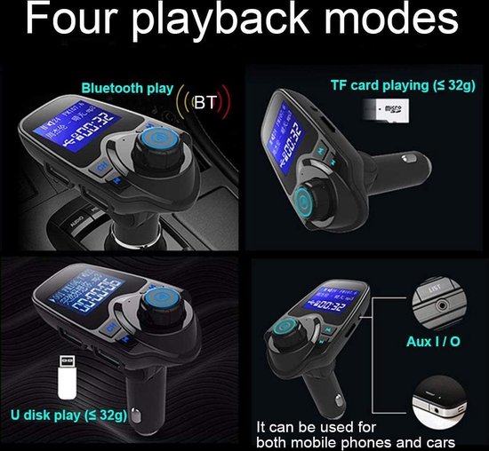 FM Transmitter Auto – Bluetooth Handsfree Carkit – MP3 Speler – USB Oplader & AUX – TF/USB Stick – Zwart-Ilumina Benelux