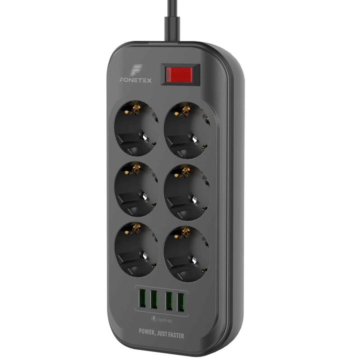 Stekkerdoos met Contactloze Schakelaar - 6 Stopcontacten - 4 USB Poorten - 2 Meter Kabel - 2500W - Zwart-Ilumina Benelux