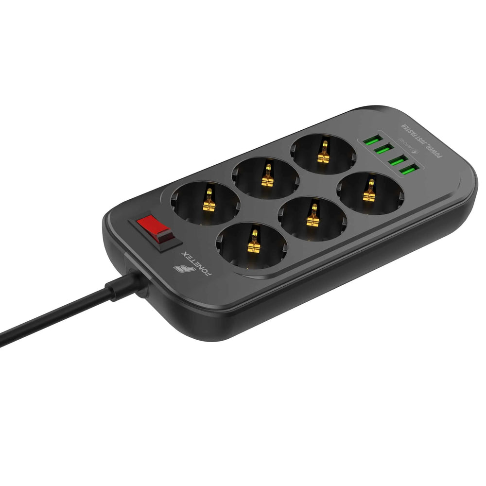Stekkerdoos met Contactloze Schakelaar - 6 Stopcontacten - 4 USB Poorten - 2 Meter Kabel - 2500W - Zwart-Ilumina Benelux