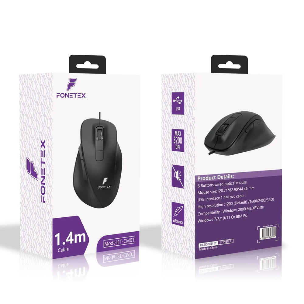 Fonetex Bedrade USB Muis - 3200 DPI - 6 Knoppen - Soft Touch - Ergonomisch Ontwerp - 1.4 Meter Kabel-Ilumina Benelux