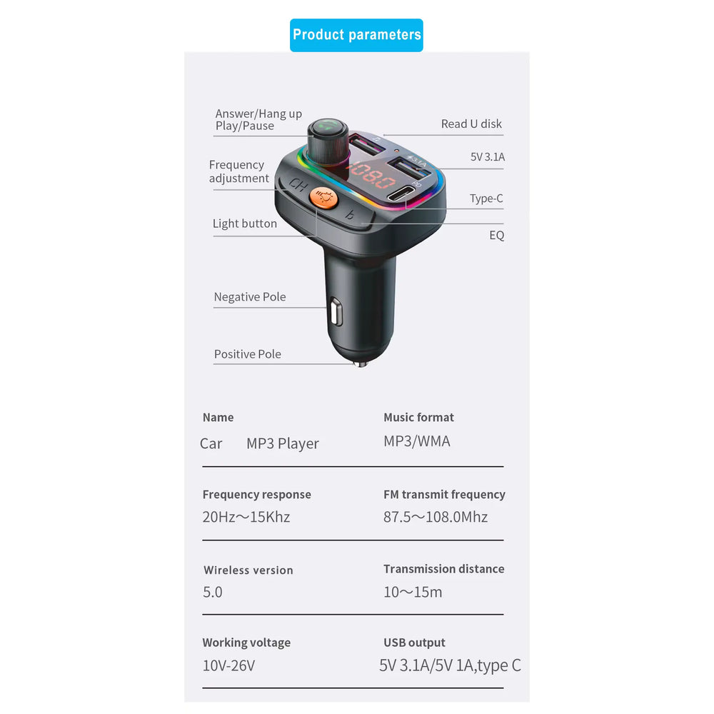 Bluetooth FM Transmitter met USB-C Snelladen, RGB Verlichting & Handsfree Bellen