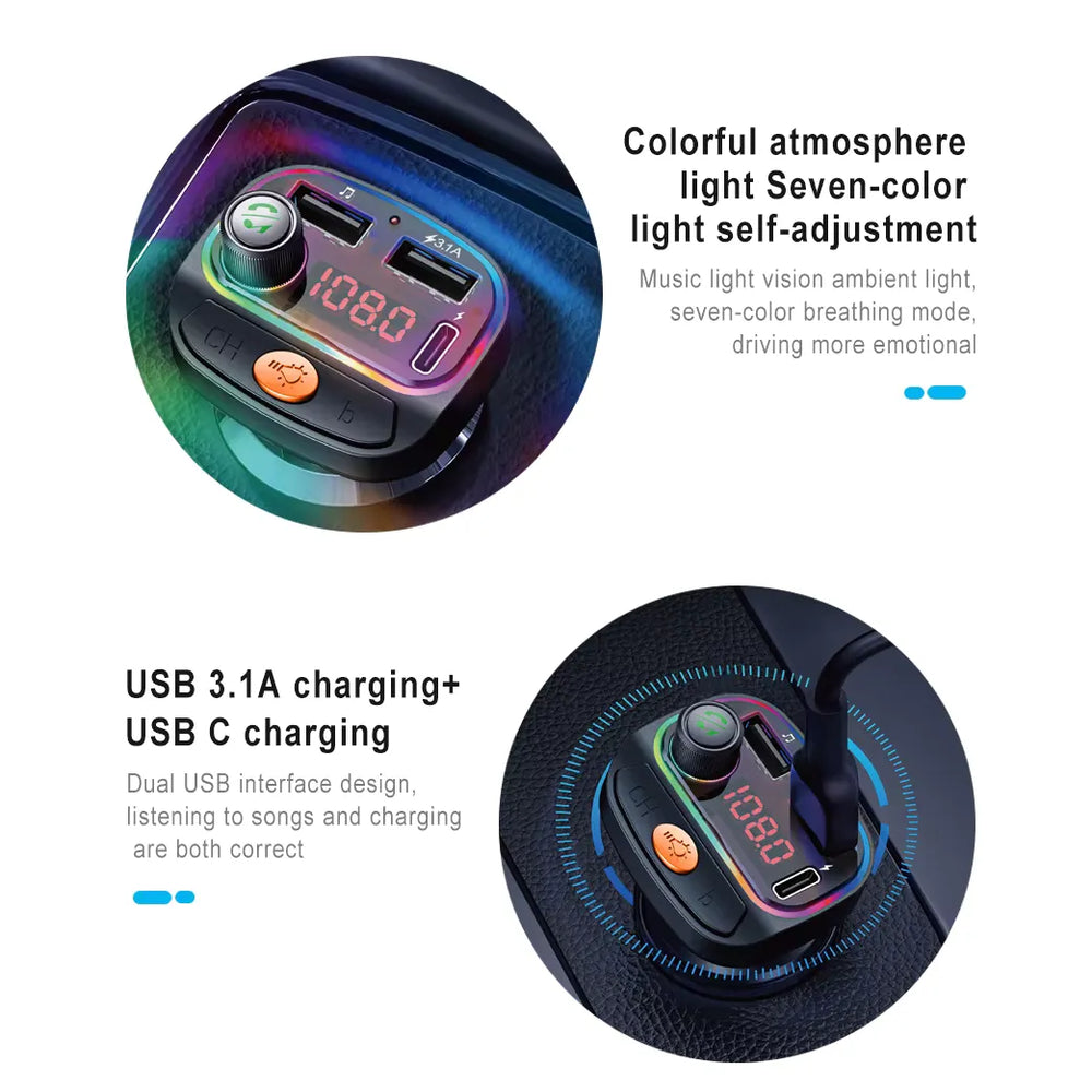Bluetooth FM Transmitter met USB-C Snelladen, RGB Verlichting & Handsfree Bellen