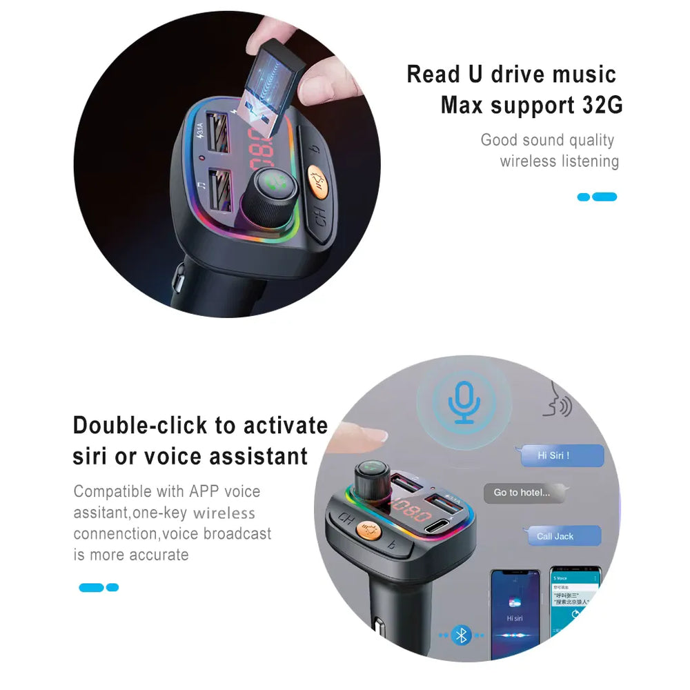 Bluetooth FM Transmitter met USB-C Snelladen, RGB Verlichting & Handsfree Bellen