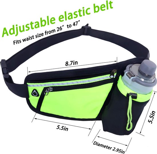 Hardloopriem – Heuptasje met Waterfleshouder – Reflecterende Strip – Verstelbaar Voor Dames & Heren – Groen-Money belt-Ilumina Benelux