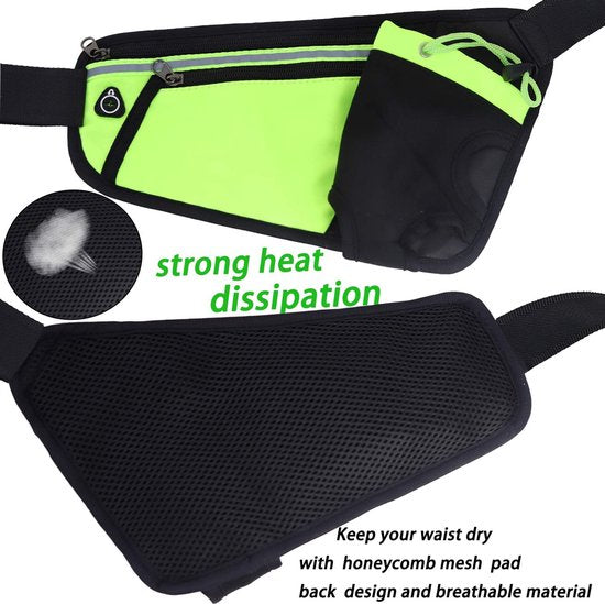 Hardloopriem – Heuptasje met Waterfleshouder – Reflecterende Strip – Verstelbaar Voor Dames & Heren – Groen-Money belt-Ilumina Benelux