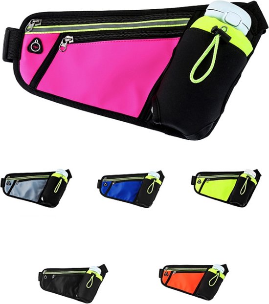 Hardloopriem – Heuptasje met waterfleshouder – Reflecterende strip – Verstelbaar voor dames & heren – Roze-Money belt-Ilumina Benelux