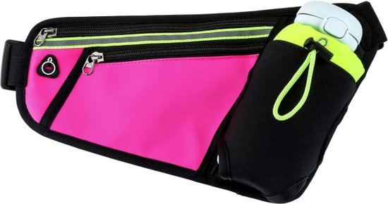Hardloopriem – Heuptasje met waterfleshouder – Reflecterende strip – Verstelbaar voor dames & heren – Roze-Money belt-Ilumina Benelux