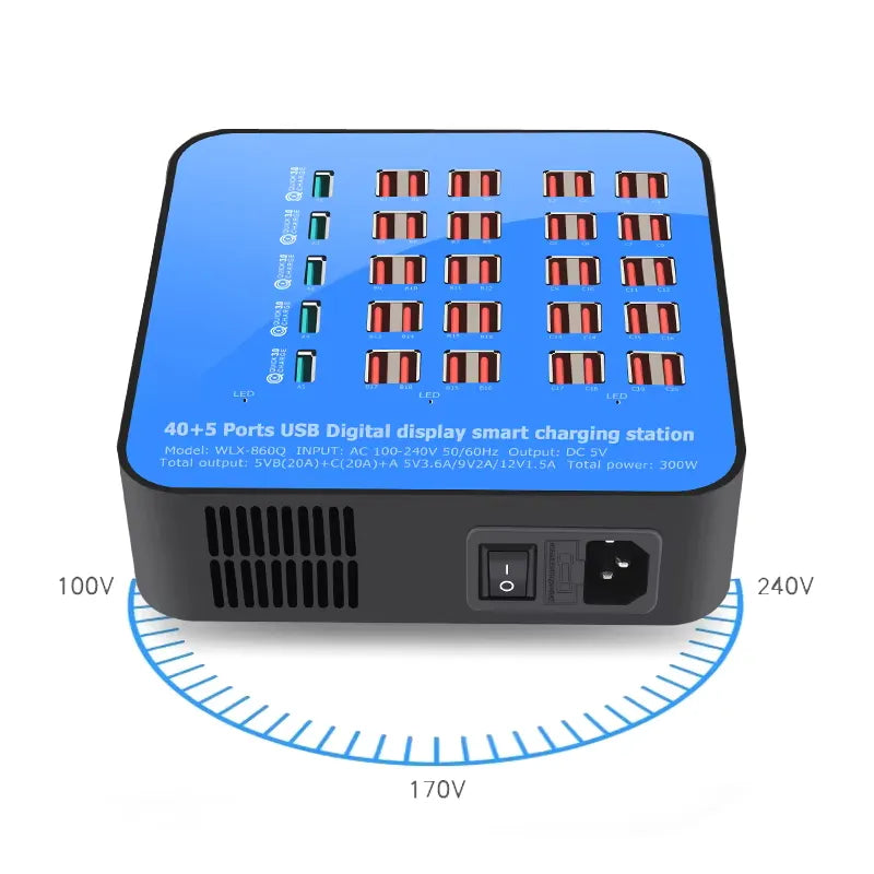 300W USB Oplaadstation met 45 Poorten en Digitaal Display