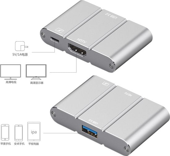 HDMI adapter – USB 3.0 naar HDMI AV converter – Geschikt voor iPhone iPad Samsung Android – Telefoon & tablet – Zwart-Ilumina Benelux