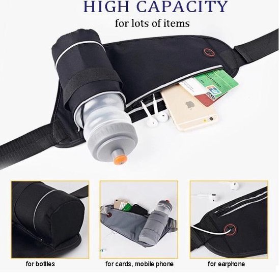 Heuptas met Flessenhouder – Waterafstotend Sport Heuptasje – Buiktas voor Hardlopen, Fietsen, Wandelen – Reflecterende Drinkriem met Telefoonzak – Verstelbaar tot 130 cm – Zonder Fles - Grijs-Ilumina Benelux