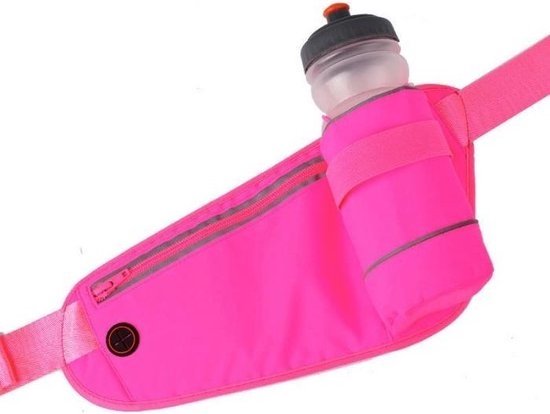 Heuptas met Flessenhouder – Waterafstotend Sport Heuptasje – Buiktas voor Hardlopen, Fietsen, Wandelen – Reflecterende Drinkriem met Telefoonzak – Verstelbaar tot 130 cm – Zonder Fles - Roze-Ilumina Benelux