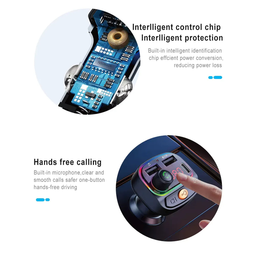 Bluetooth FM Transmitter met USB-C Snelladen, RGB Verlichting & Handsfree Bellen
