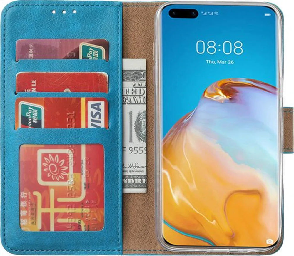 Huawei P40 Pro Plus Hoesjes – Portemonnee Hoes – Pasjeshouder – Bookcase – Turquoise-Ilumina Benelux