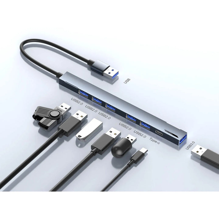 USB Hub 7-in-1 – USB 3.0 & USB 2.0 Splitter – Type-C Voeding – High Speed Data Hub – Voor Laptop, PC, MacBook & Desktop