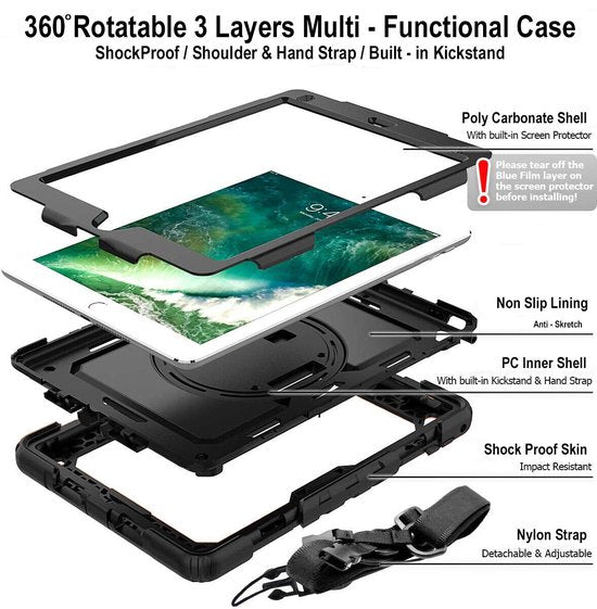 iPad Air 1/2 & iPad 9.7 2017/2018 Hoesjes – Schokbestendig Armor – Ingebouwde Screenprotector – Zwart-Tablethoesjes-Ilumina Benelux