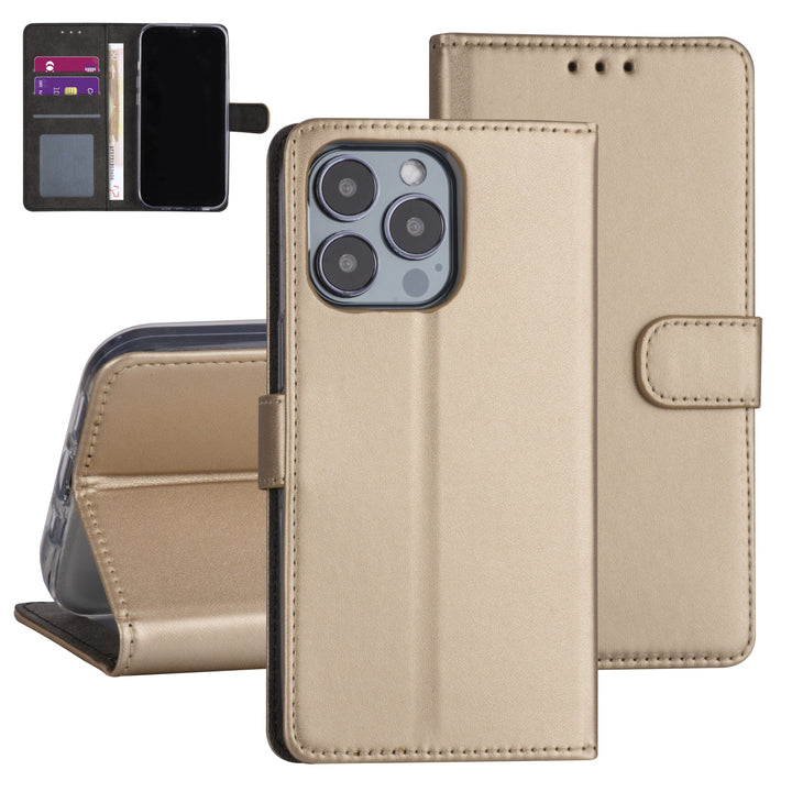 iPhone 13 Pro Booktype hoesje - Goud - Pasjeshouder - Magneetsluiting-Hoesjes-Ilumina Benelux