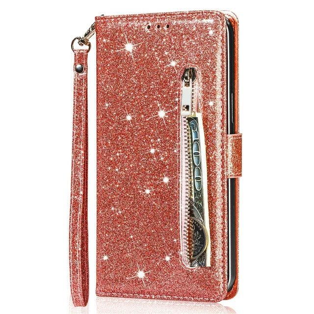iPhone 15 Pro Max Hoesjes – Glitter Portemonnee Case – Rits – Koord – Pasjeshouder – Roségoud-Ilumina Benelux