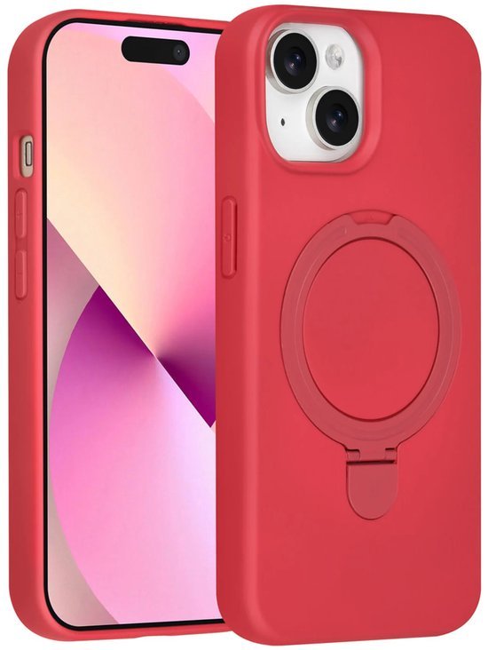 iPhone 15 Hoesjes Schokbestendige Siliconen Backcover met Ringstandaard - Cherry Red-Ilumina Benelux