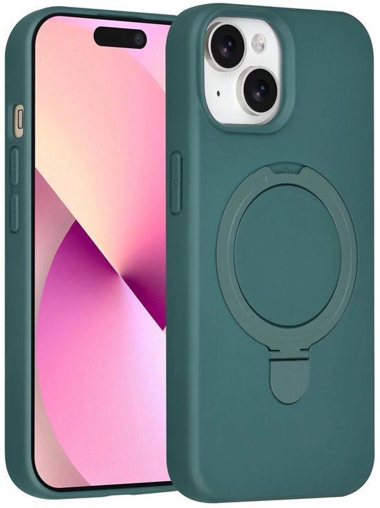 iPhone 15 Hoesjes Schokbestendige Siliconen Backcover met Ringstandaard - DonkerGroen-Ilumina Benelux