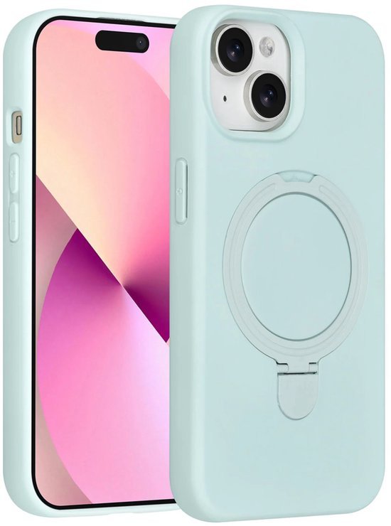 iPhone 15 Hoesjes Schokbestendige Siliconen Backcover met Ringstandaard - Mint Green-Ilumina Benelux