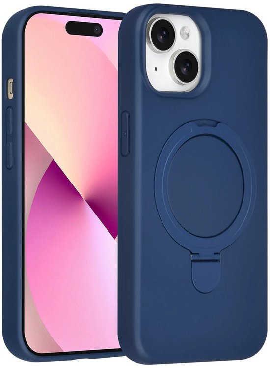 iPhone 15 Hoesjes Schokbestendige Siliconen Backcover met Ringstandaard - Navy Blue-Ilumina Benelux