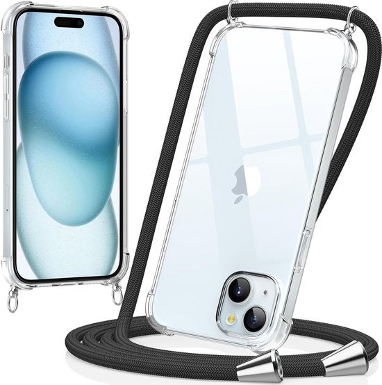 iPhone 15 Plus Hoesjes – Transparante Siliconen Backcover – Schouderkoord Ketting – Anti-slip-Ilumina Benelux