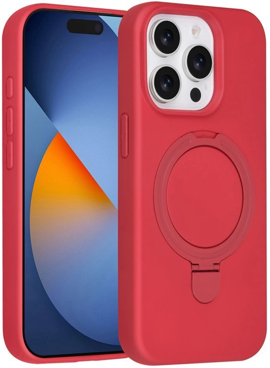iPhone 15 Pro Max Hoesjes Schokbestendige Siliconen Backcover met Ringstandaard - Cherry Red-Ilumina Benelux