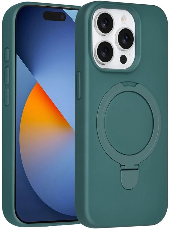 iPhone 15 Pro Max Hoesjes Schokbestendige Siliconen Backcover met Ringstandaard - DonkerGroen-Ilumina Benelux