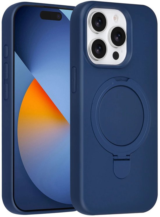 iPhone 15 Pro Max Hoesjes Schokbestendige Siliconen Backcover met Ringstandaard - Navy Blue-Ilumina Benelux