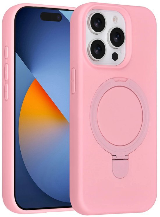 iPhone 15 Pro Max Hoesjes Schokbestendige Siliconen Backcover met Ringstandaard - Sakura Pink-Ilumina Benelux