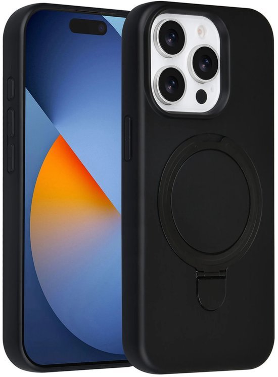 iPhone 15 Pro Max Hoesjes Schokbestendige Siliconen Backcover met Ringstandaard - Zwart-Ilumina Benelux