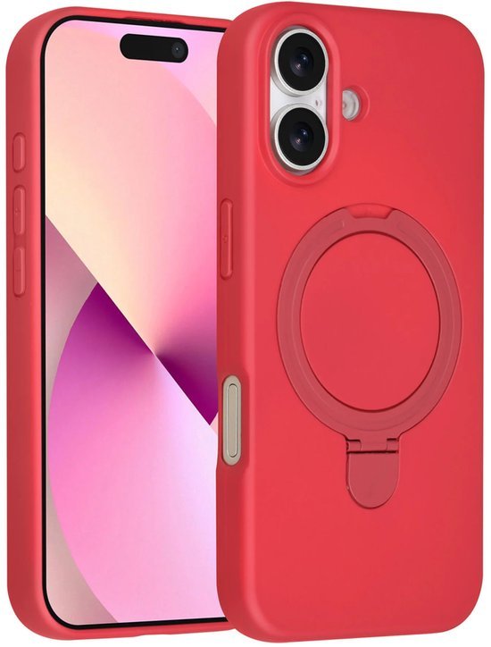 iPhone 16 Hoesjes Schokbestendige Siliconen Backcover met Ringstandaard - Cherry Red-Ilumina Benelux