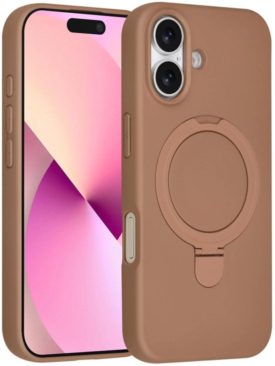 iPhone 16 Hoesjes Schokbestendige Siliconen Backcover met Ringstandaard - Desert Brown-Ilumina Benelux