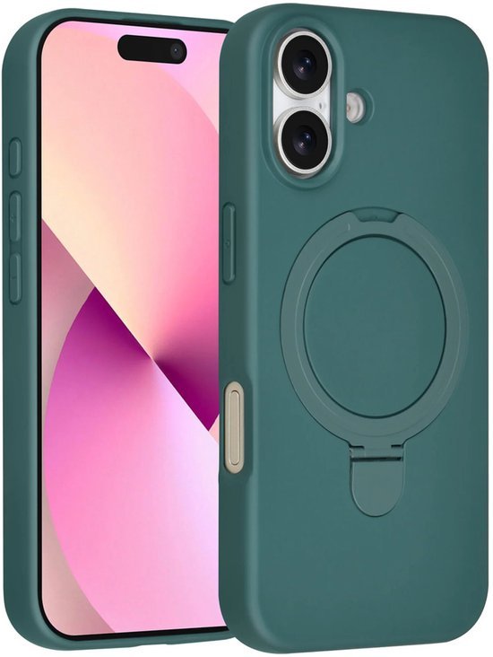 iPhone 16 Hoesjes Schokbestendige Siliconen Backcover met Ringstandaard - DonkerGroen-Ilumina Benelux
