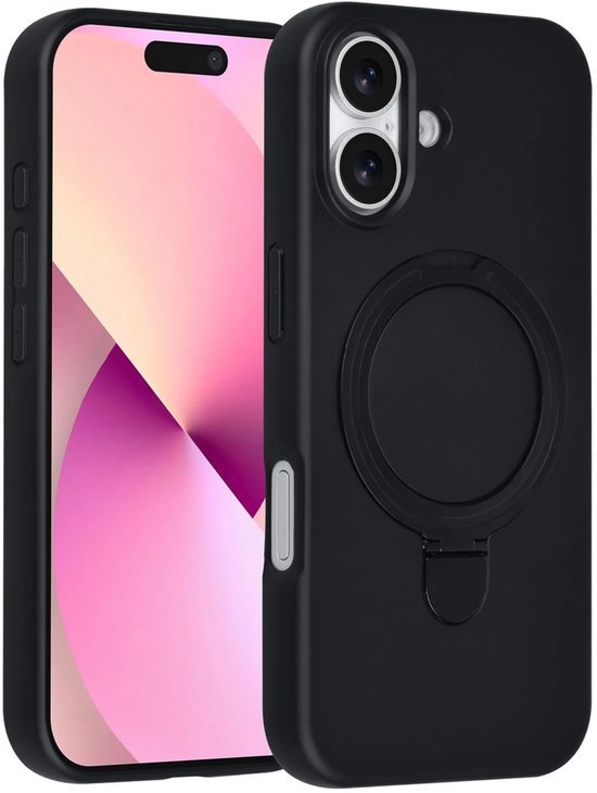 iPhone 16 Hoesjes Schokbestendige Siliconen Backcover met Ringstandaard - Zwart-Ilumina Benelux