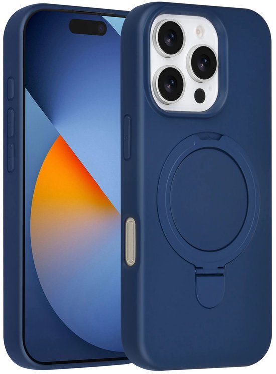 iPhone 16 Pro Hoesjes Schokbestendige Siliconen Backcover met Ringstandaard - Navy Blue-Ilumina Benelux