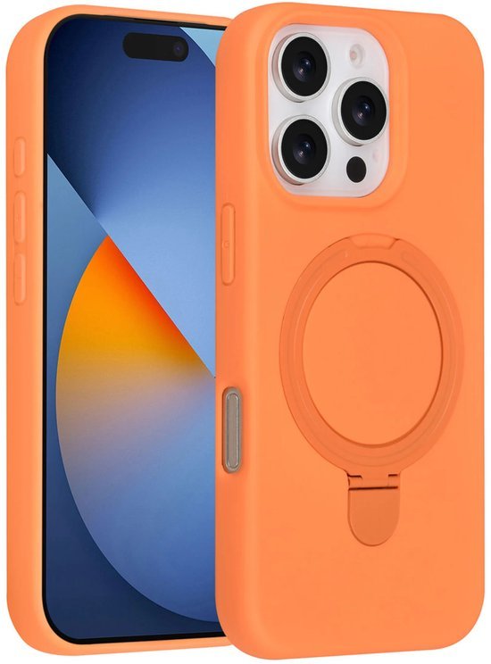 iPhone 16 Pro Hoesjes Schokbestendige Siliconen Backcover met Ringstandaard - Tangerine Orange-Ilumina Benelux