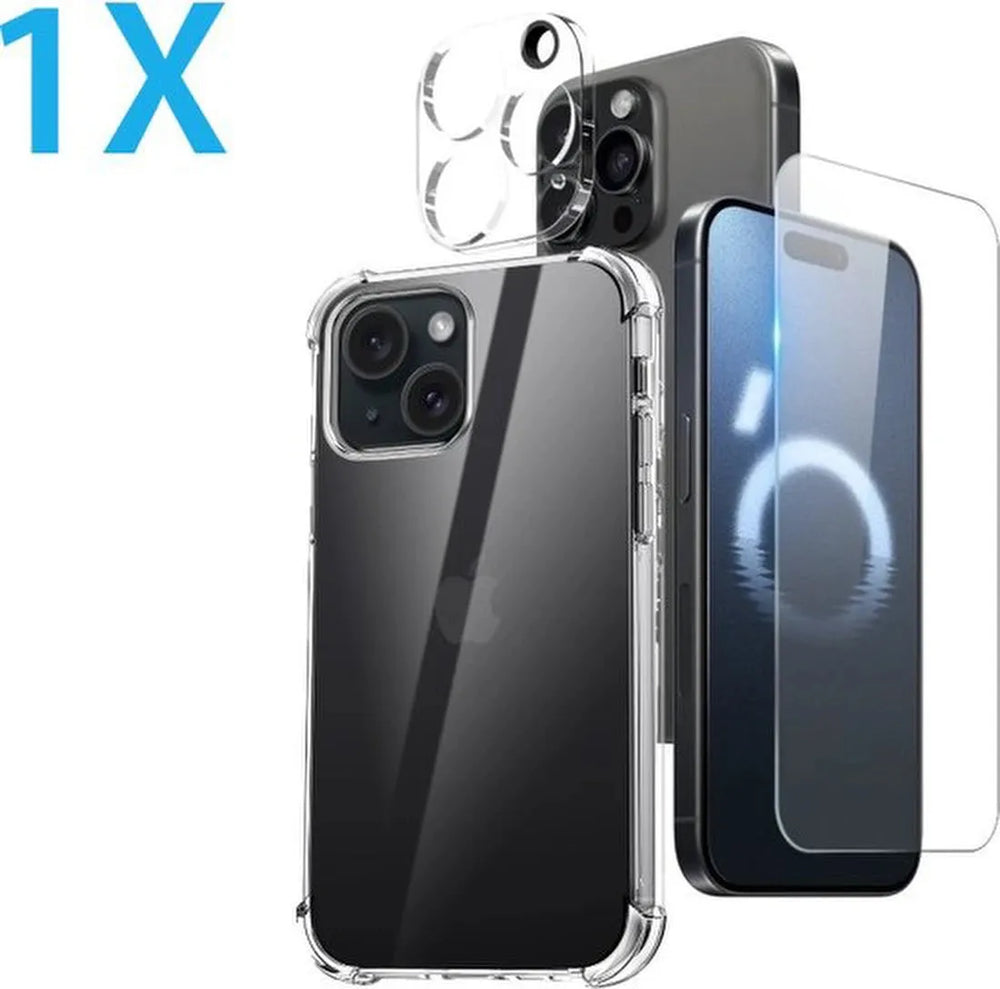 iPhone 16 Pro Hoesjes – Transparante Siliconen Backcover – Schokbestendig – Met Screenprotector & Camera Lens Protector-Ilumina Benelux