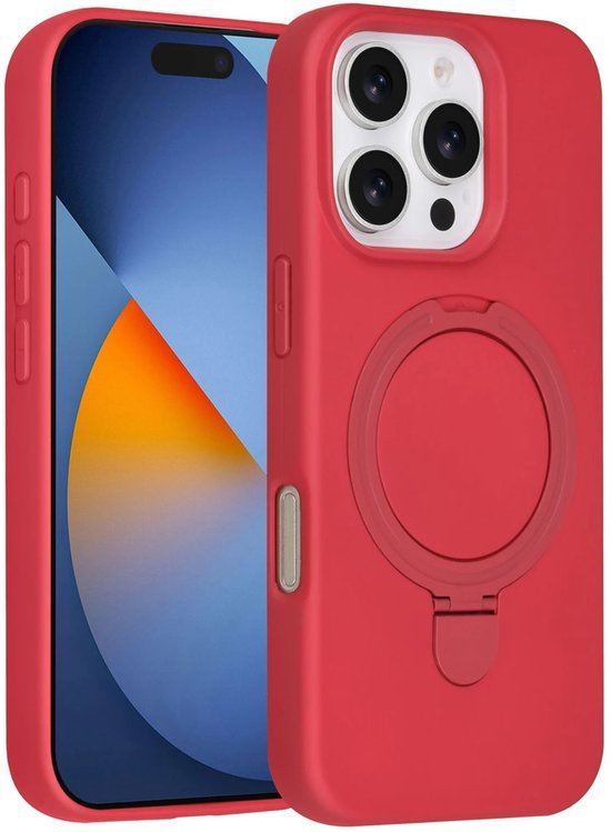 iPhone 16 Pro Max Hoesjes Schokbestendige Siliconen Backcover met Ringstandaard - Cherry Red-Ilumina Benelux