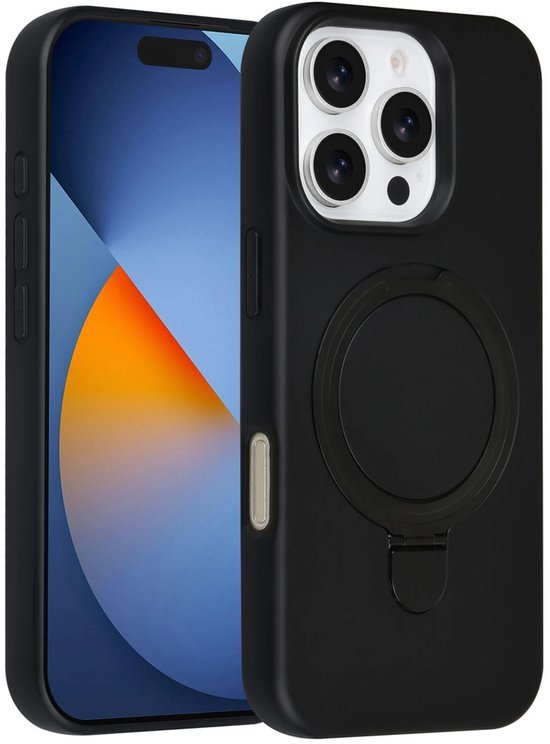 iPhone 16 Pro Max Hoesjes Schokbestendige Siliconen Backcover met Ringstandaard - Zwart-Ilumina Benelux