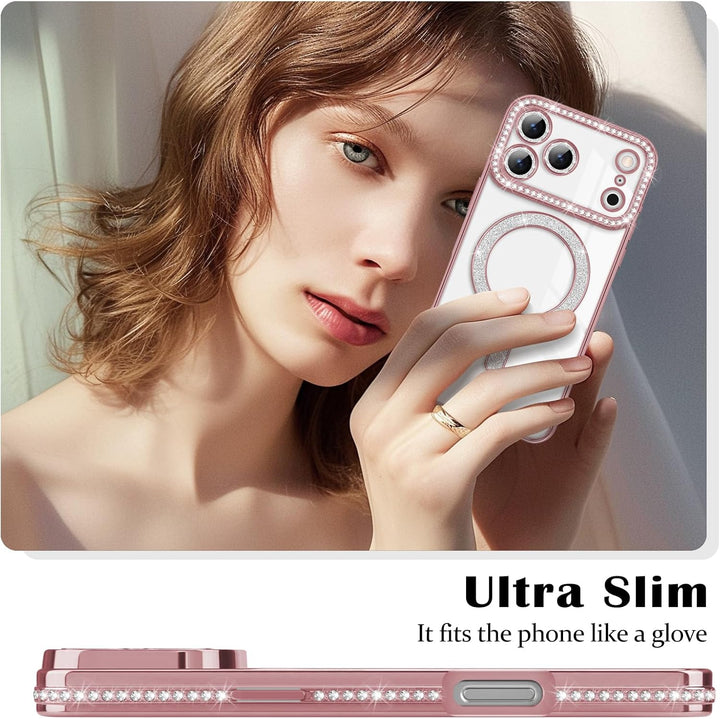 iPhone 17 Pro Max Hoesjes – MagSafe Glitter Backcover – Diamantjes – Glamour – Roségoud-Ilumina Benelux
