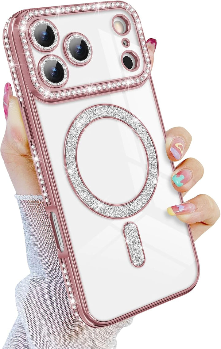 iPhone 17 Pro Max Hoesjes – MagSafe Glitter Backcover – Diamantjes – Glamour – Roségoud-Ilumina Benelux