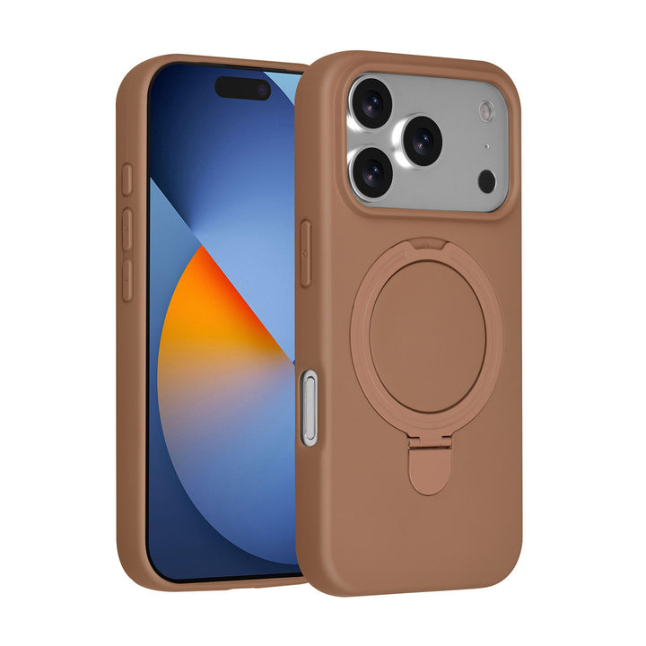 Bruin TUNIQ telefoonhoesje met ringstandaard, voor- en achterkant op een telefoon