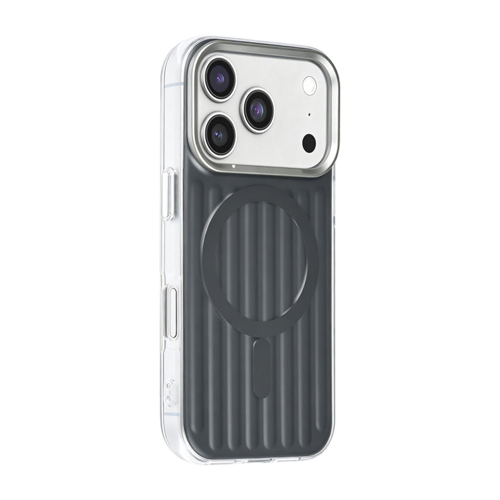 Zwart TUNIQ telefoonhoesje met verticale ribbels en ring, van achteren op een telefoon