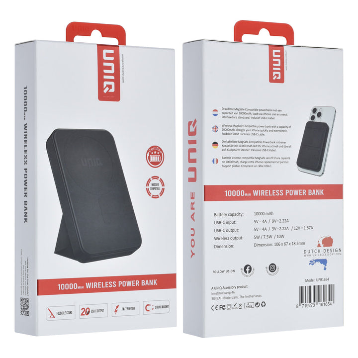 Voor- en achterkant van verpakking van zwarte TUNIQ powerbank