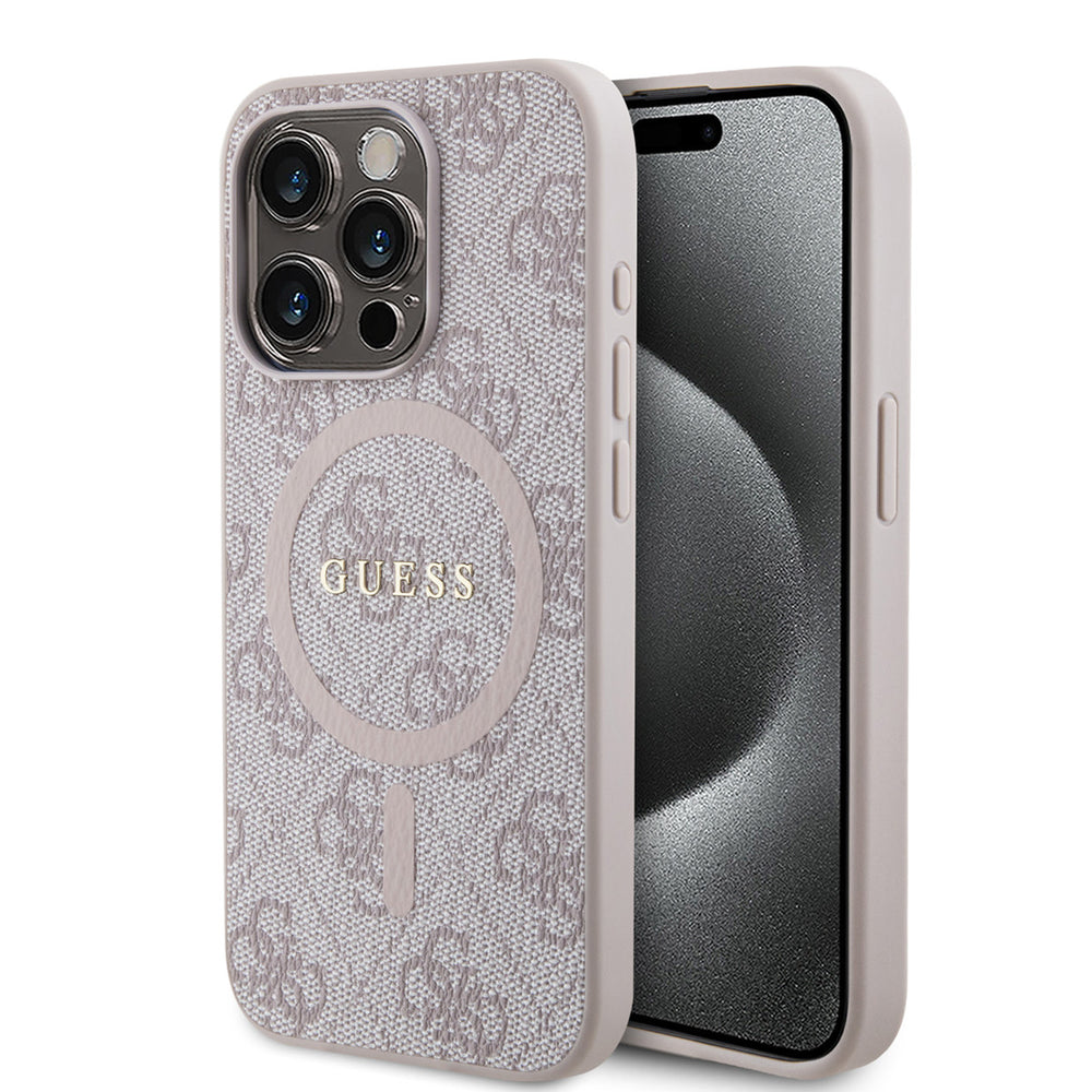 Roze Guess telefoonhoesje met 4G-patroon en rond logo, voor- en achterkant op een telefoon