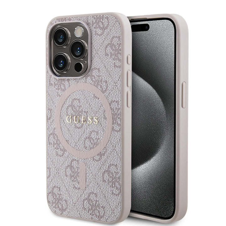 Roze Guess telefoonhoesje met 4G-patroon en rond logo, voor- en achterkant op een telefoon