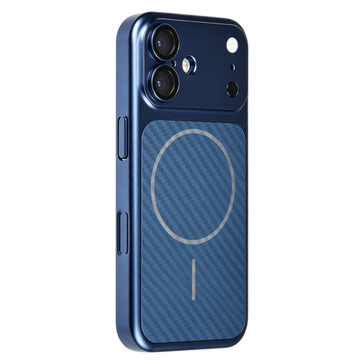 Blauw TUNIQ telefoonhoesje met diagonaal patroon en ring, van achteren op een telefoon